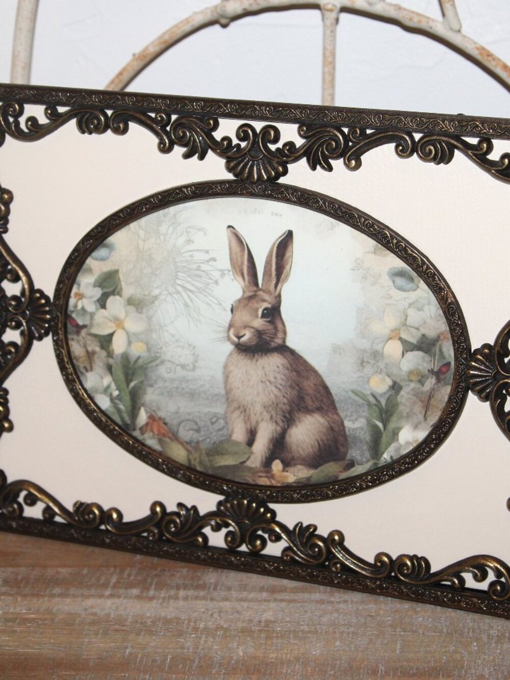 Ornate Shabby French Framed Bunny Rabbit & Floral Table Top Decor Picture